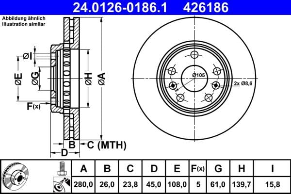 ATE disque de frein 426186 ventilé diamètre 280 épaisseur 26 mm 5 trous