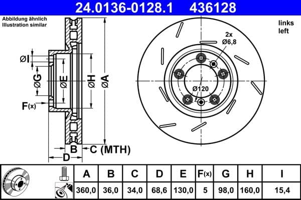 ATE disque de frein 436128 ventilé diamètre 360 épaisseur 36 mm 5 trous