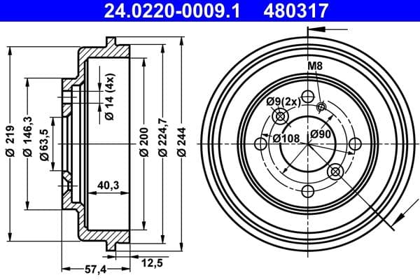 ATE 480317 Bremstrommel 200 mm 4 Löcher LK 108