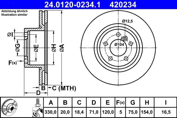 ATE disque de frein 24.0120-0234.1 ventilé diamètre 330 épaisseur 20 mm 5 trous