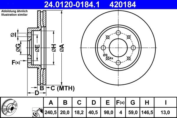 ATE disque de frein 24.0120-0184.1 ventilé diamètre 240,5 épaisseur 20 mm 4 trous