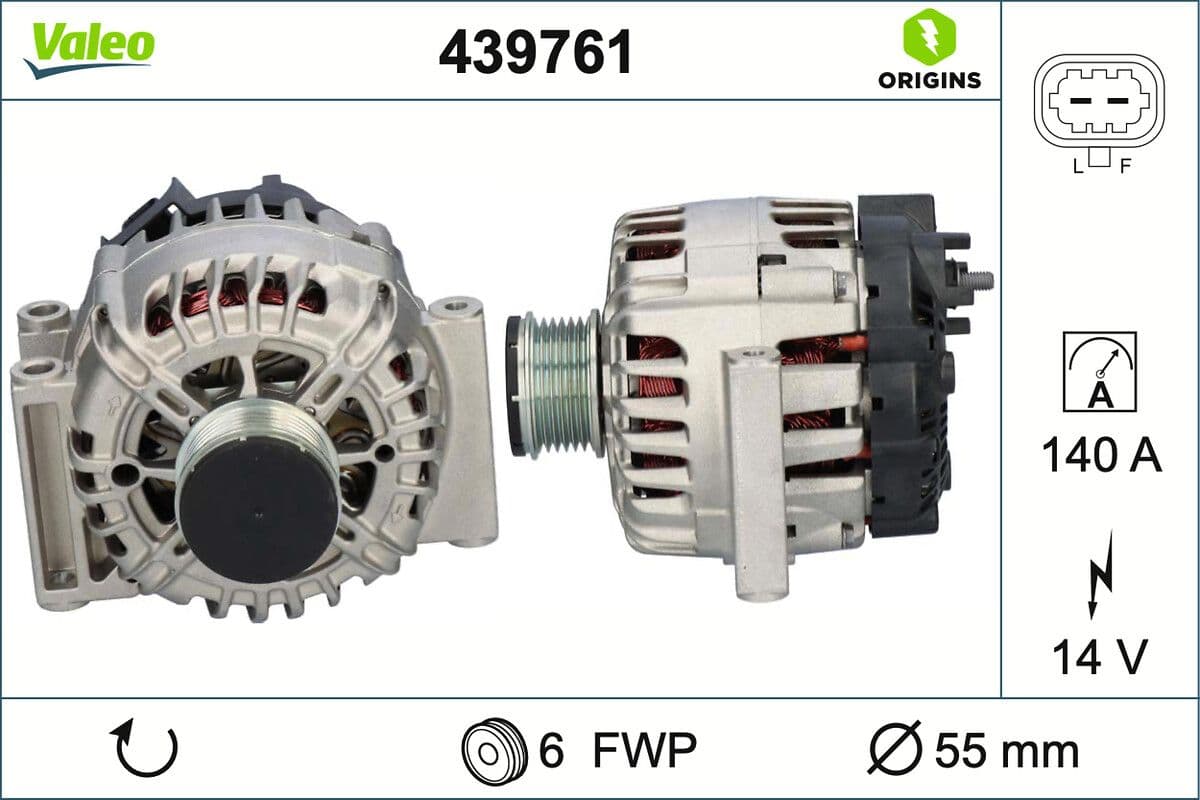 VALEO 439761 alternateur 14 V 140 A avec poulie 6 nervures diamètre poulie 55 mm