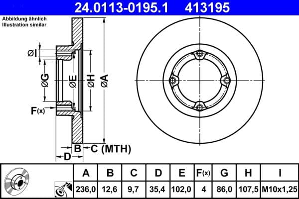 ATE Bremsscheibe 24.0113-0195.1 voll Durchmesser 236 Stärke 12,6 mm 4 Bohrungen