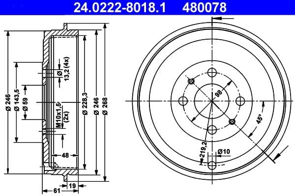 ATE 24.0222-8018.1 Bremstrommel 228 mm 4 Löcher LK 98