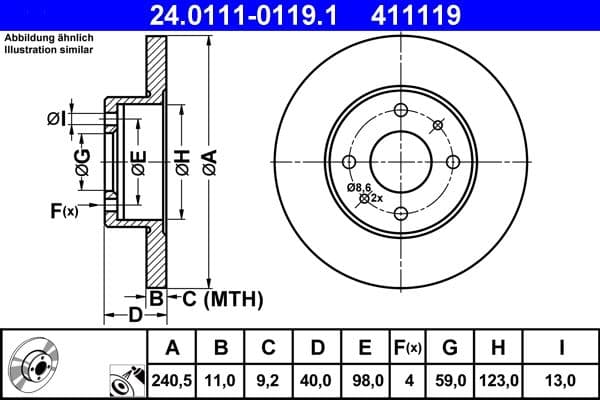 ATE Bremsscheibe 24.0111-0119.1 voll Durchmesser 240,5 Stärke 11 mm 4 Bohrungen