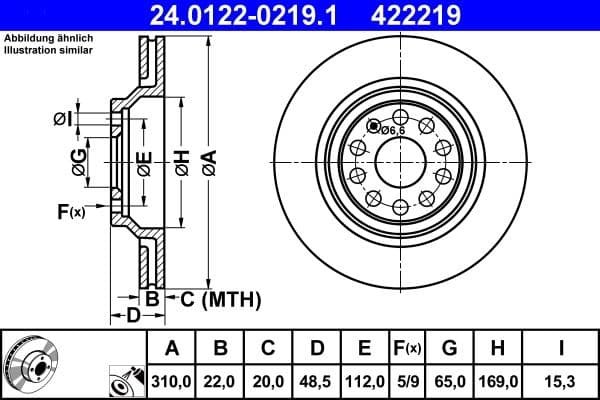 ATE disque de frein 24.0122-0219.1 ventilé diamètre 310 épaisseur 22 mm 5 trous