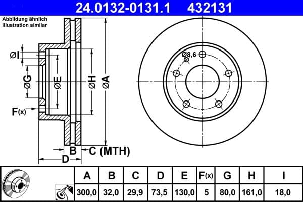ATE disque de frein 24.0132-0131.1 ventilé diamètre 300 épaisseur 32 mm 5 trous