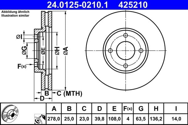 ATE Bremsscheibe 425210 belüftet Durchmesser 278 Stärke 25 mm 4 Bohrungen