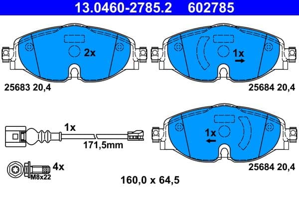 ATE Bremsbeläge 13.0460-2785.2 160x64,5 Stärke 20,4 mm für Warnkontakt