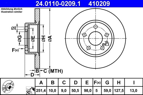 ATE disque de frein 24.0110-0209.1 plein diamètre 251,4 épaisseur 10 mm 5 trous