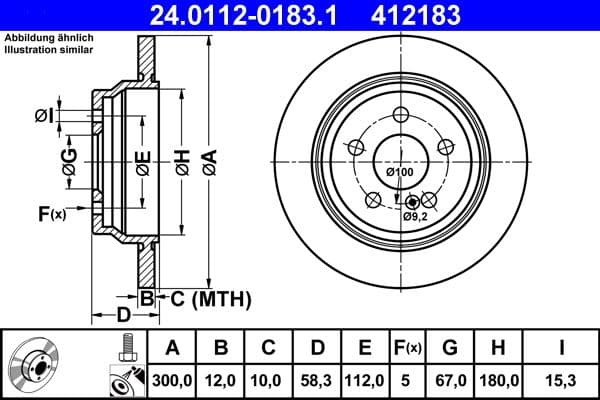 ATE Bremsscheibe 24.0112-0183.1 voll Durchmesser 300 Stärke 12 mm 5 Bohrungen