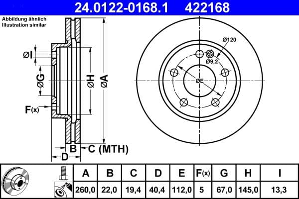 ATE disque de frein 24.0122-0168.1 ventilé diamètre 260 épaisseur 22 mm 5 trous