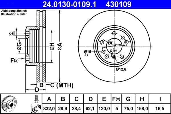 ATE Bremsscheibe 24.0130-0109.1 belüftet Durchmesser 332 Stärke 29,9 mm 5 Bohrungen