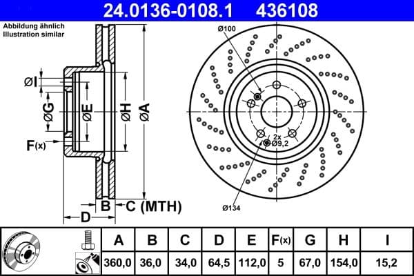 ATE disque de frein 24.0136-0108.1 ventilé diamètre 360 épaisseur 36 mm 5 trous