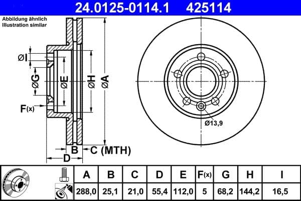 ATE disque de frein 24.0125-0114.1 ventilé diamètre 288 épaisseur 25,1 mm 5 trous