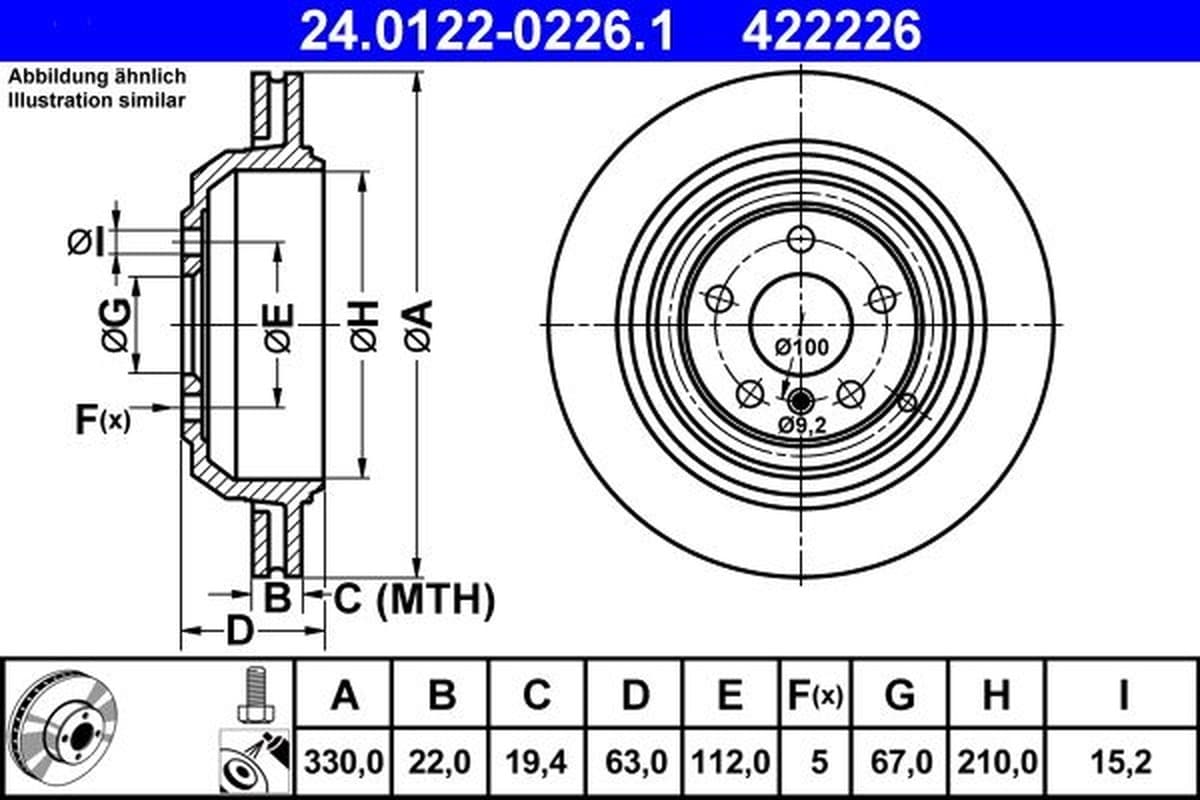 ATE disque de frein 24.0122-0226.1 ventilé diamètre 330 épaisseur 22 mm 5 trous