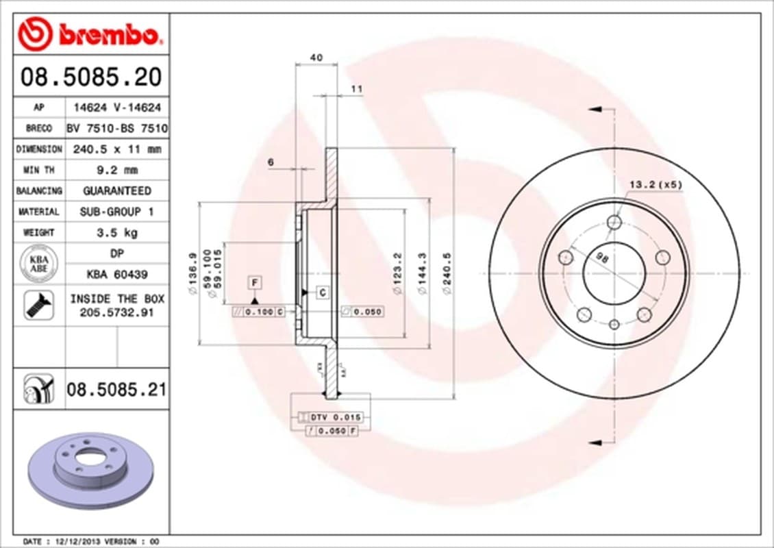 BREMBO Bremsscheibe 08.5085.21 voll Durchmesser 240 Stärke 11 mm 5 Bohrungen