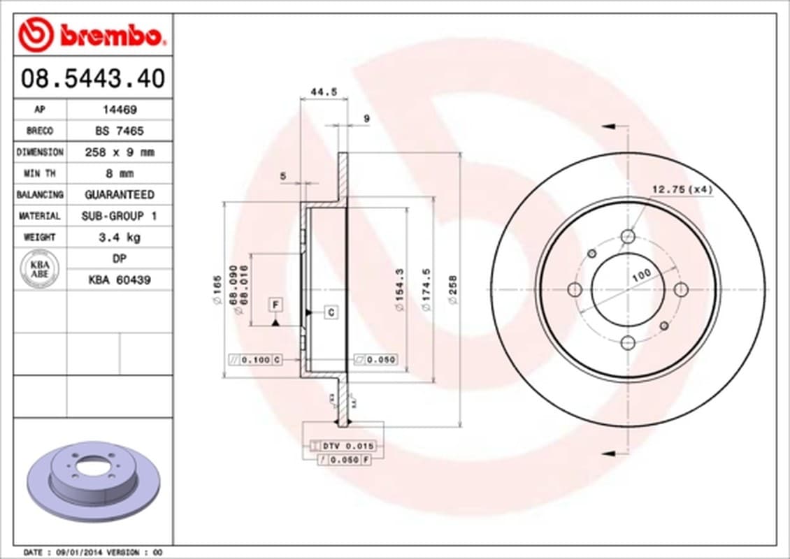 BREMBO Bremsscheibe 08.5443.40 voll Durchmesser 258 Stärke 9 mm 4 Bohrungen