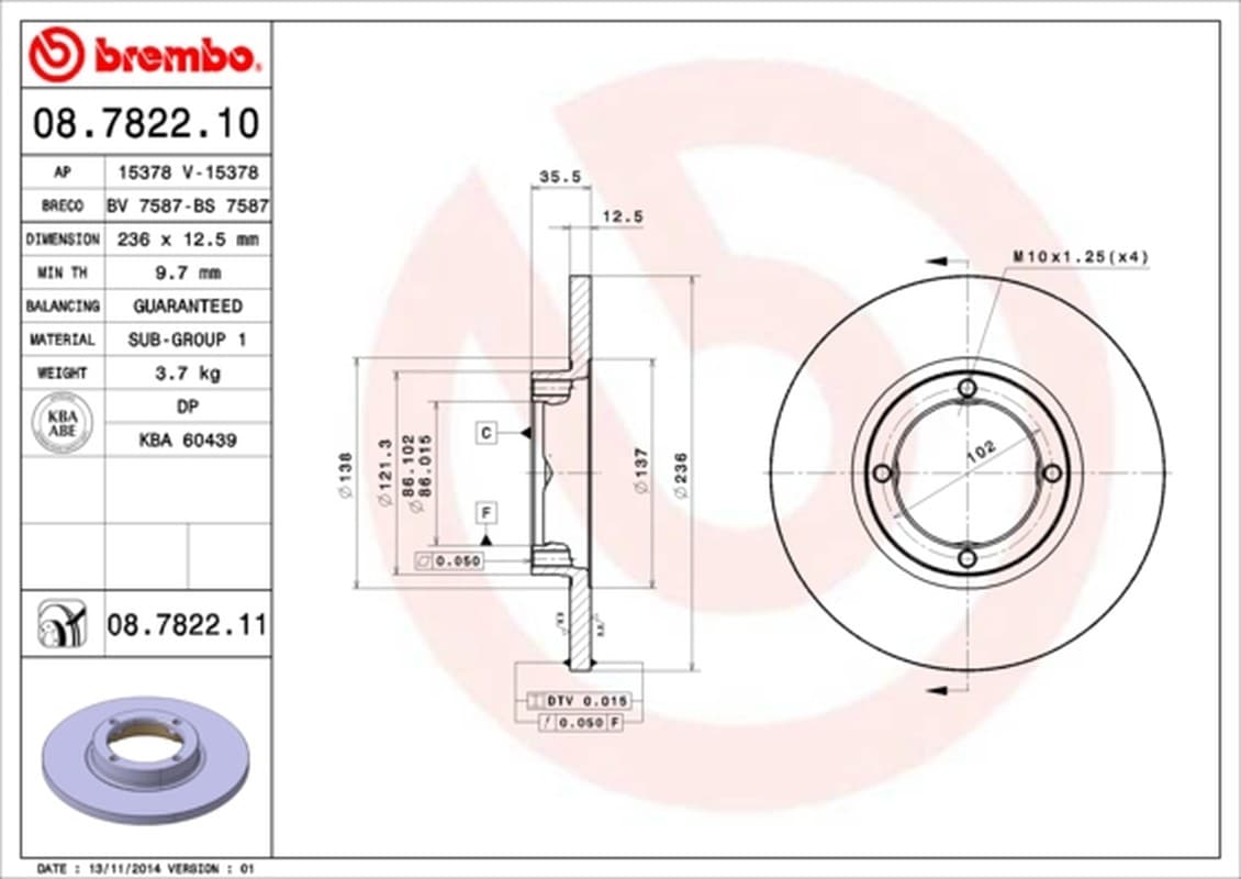 BREMBO Bremsscheibe 08.7822.10 voll Durchmesser 236 Stärke 12,5 mm 4 Bohrungen