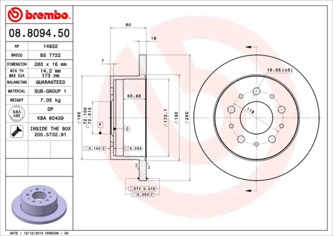 BREMBO disque de frein 08.8094.50 plein diamètre 280 épaisseur 16 mm 5 trous