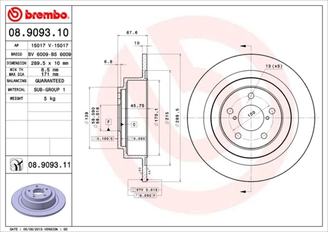 BREMBO Bremsscheibe 08.9093.10 voll Durchmesser 289,5 Stärke 10 mm 5 Bohrungen