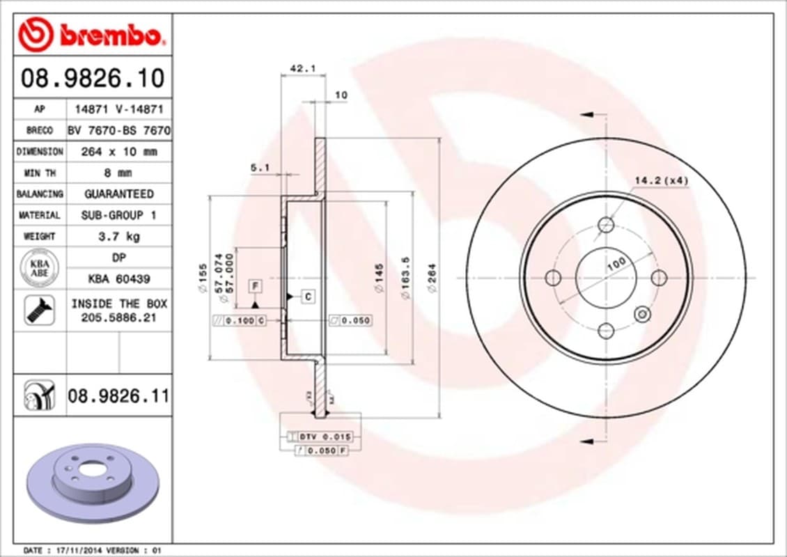 BREMBO disque de frein 08.9826.10 plein diamètre 264 épaisseur 10 mm 4 trous