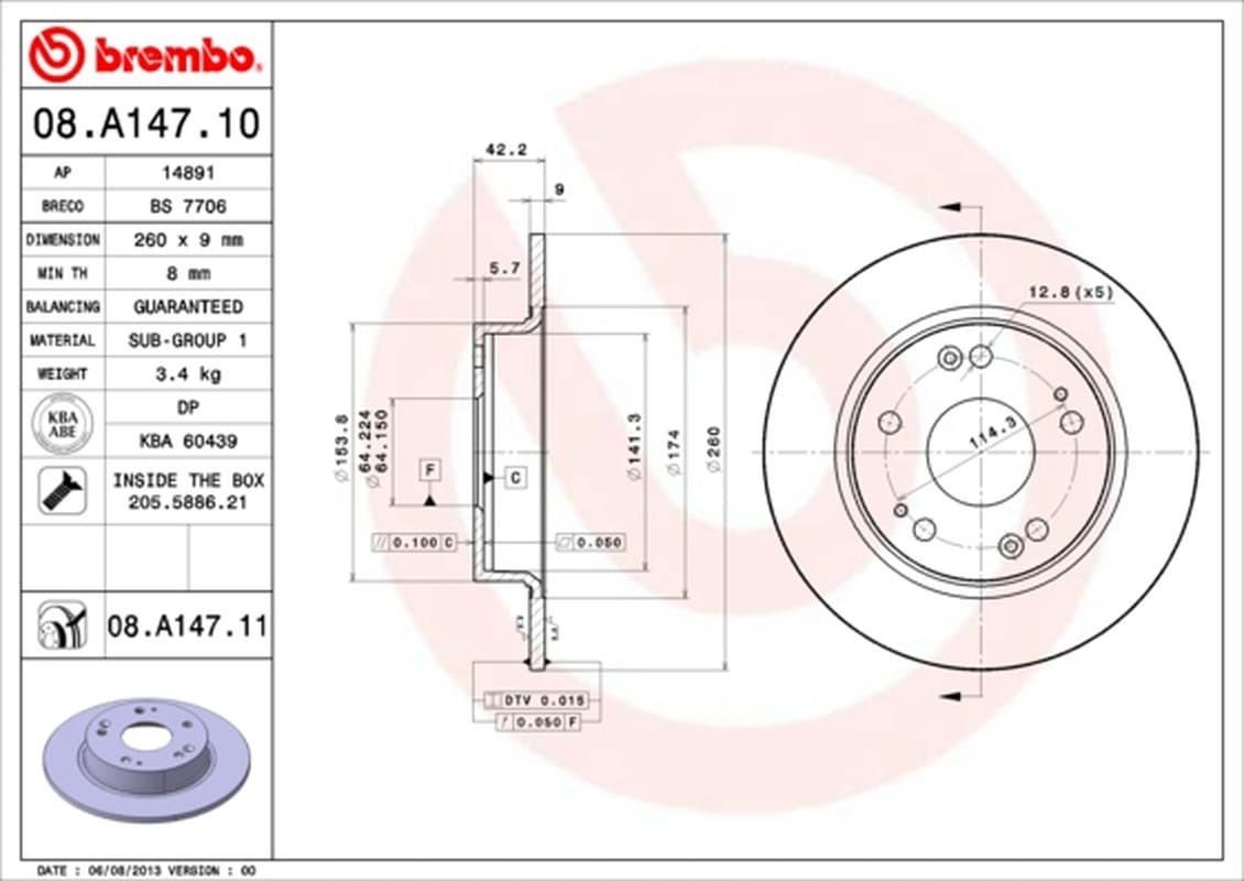 BREMBO disque de frein 08.A147.10 plein diamètre 260 épaisseur 9 mm 5 trous