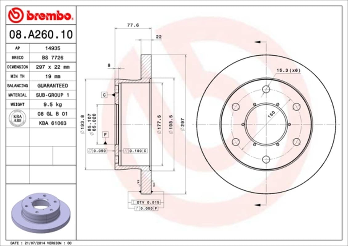 BREMBO Bremsscheibe 08.A260.10 voll Durchmesser 297 Stärke 22 mm 6 Bohrungen