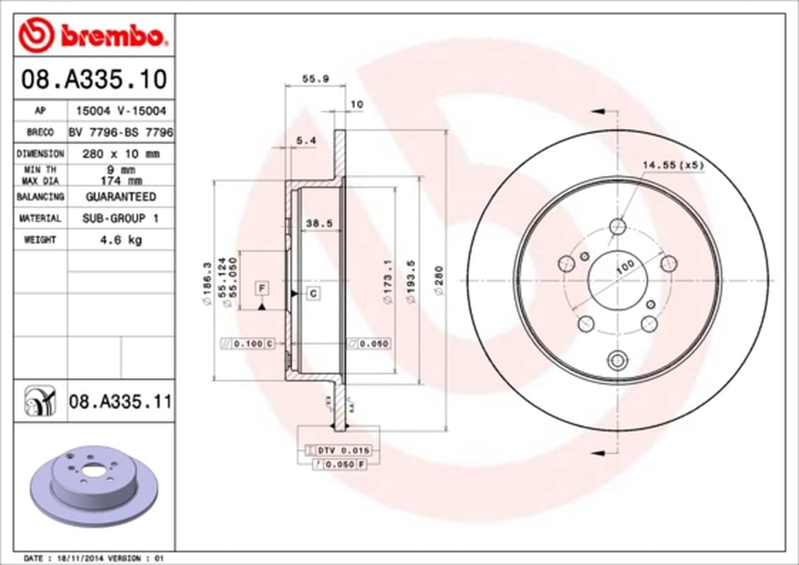 BREMBO disque de frein 08.A335.10 plein diamètre 280 épaisseur 10 mm 5 trous