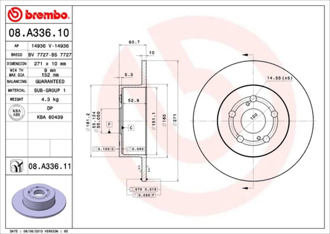 BREMBO disque de frein 08.A336.10 plein diamètre 271 épaisseur 10 mm 5 trous