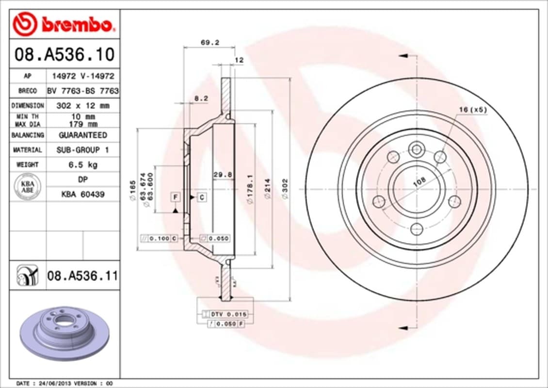 BREMBO Bremsscheibe 08.A536.11 voll Durchmesser 302 Stärke 12 mm 5 Bohrungen