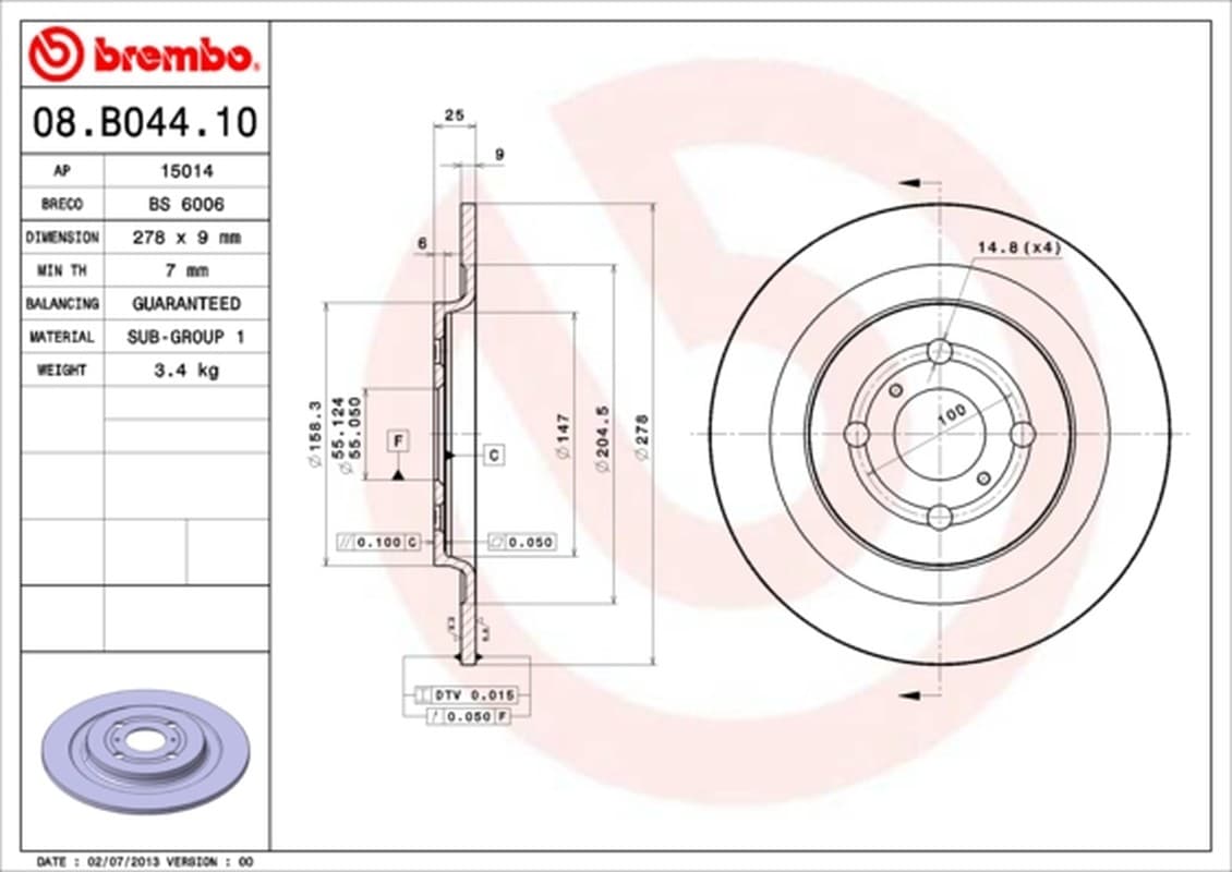 BREMBO disque de frein 08.B044.10 plein diamètre 278 épaisseur 9 mm 4 trous