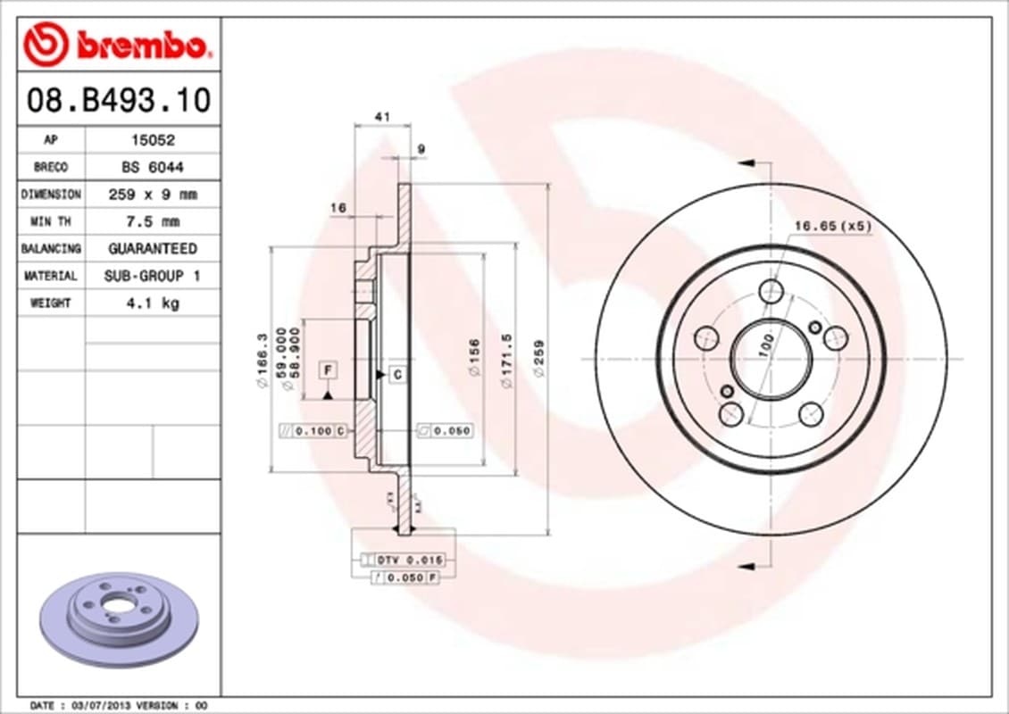 BREMBO Bremsscheibe 08.B493.10 voll Durchmesser 259 Stärke 9 mm 5 Bohrungen