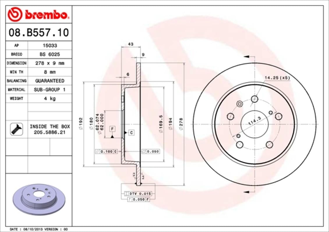 BREMBO Bremsscheibe 08.B557.10 voll Durchmesser 278 Stärke 9 mm 5 Bohrungen