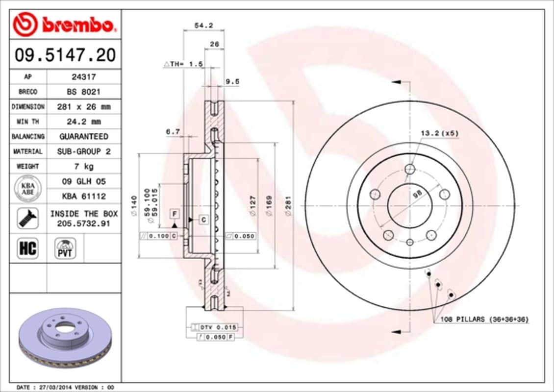 BREMBO disque de frein 09.5147.20 ventilé diamètre 281 épaisseur 26 mm 5 trous