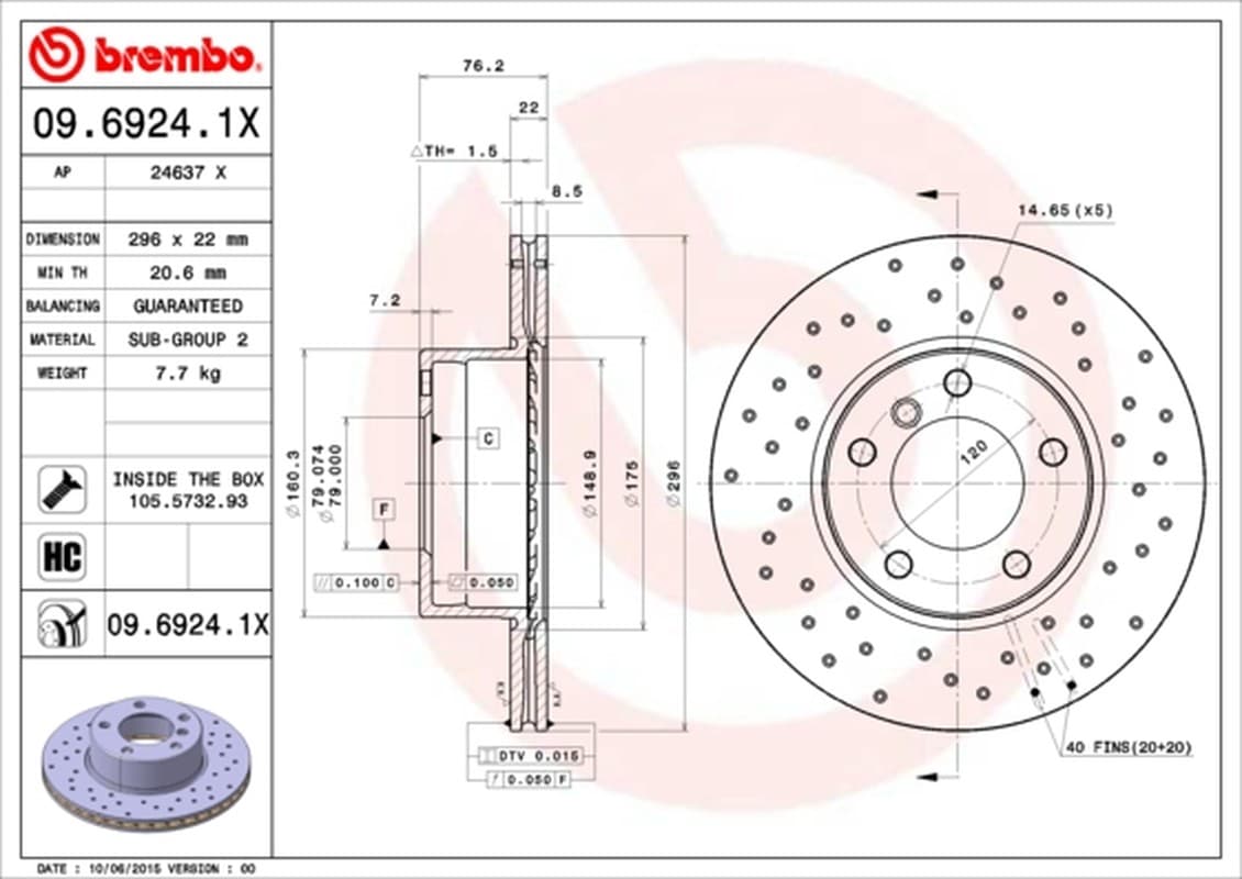 BREMBO disque de frein 09.6924.1X ventilé diamètre 296 épaisseur 22 mm 5 trous