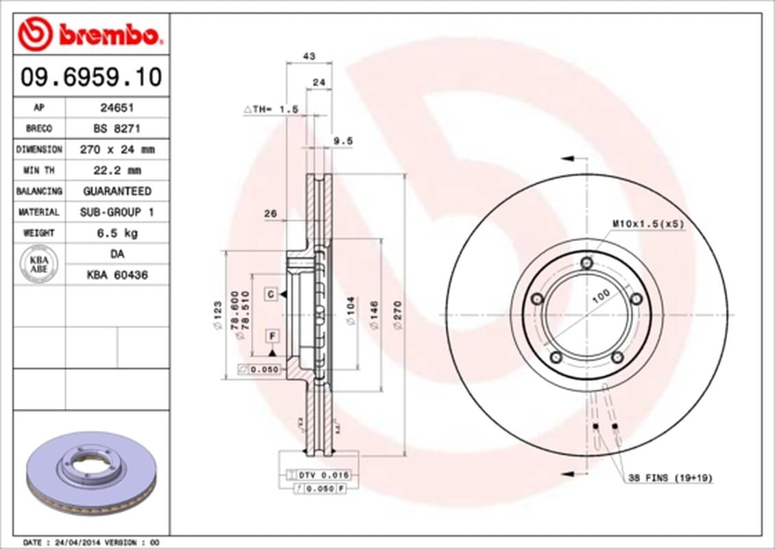 BREMBO Bremsscheibe 09.6959.10 belüftet Durchmesser 270 Stärke 24 mm 5 Bohrungen