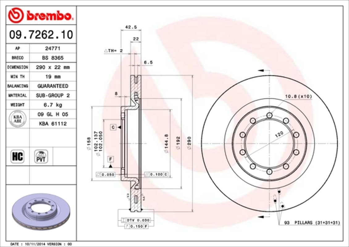 BREMBO disque de frein 09.7262.10 ventilé diamètre 290 épaisseur 22 mm 5 trous