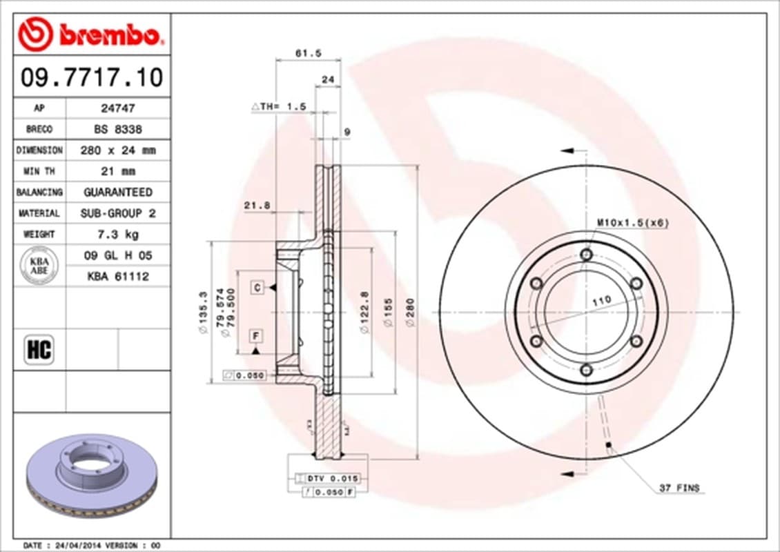 BREMBO disque de frein 09.7717.10 ventilé diamètre 280 épaisseur 24 mm 6 trous