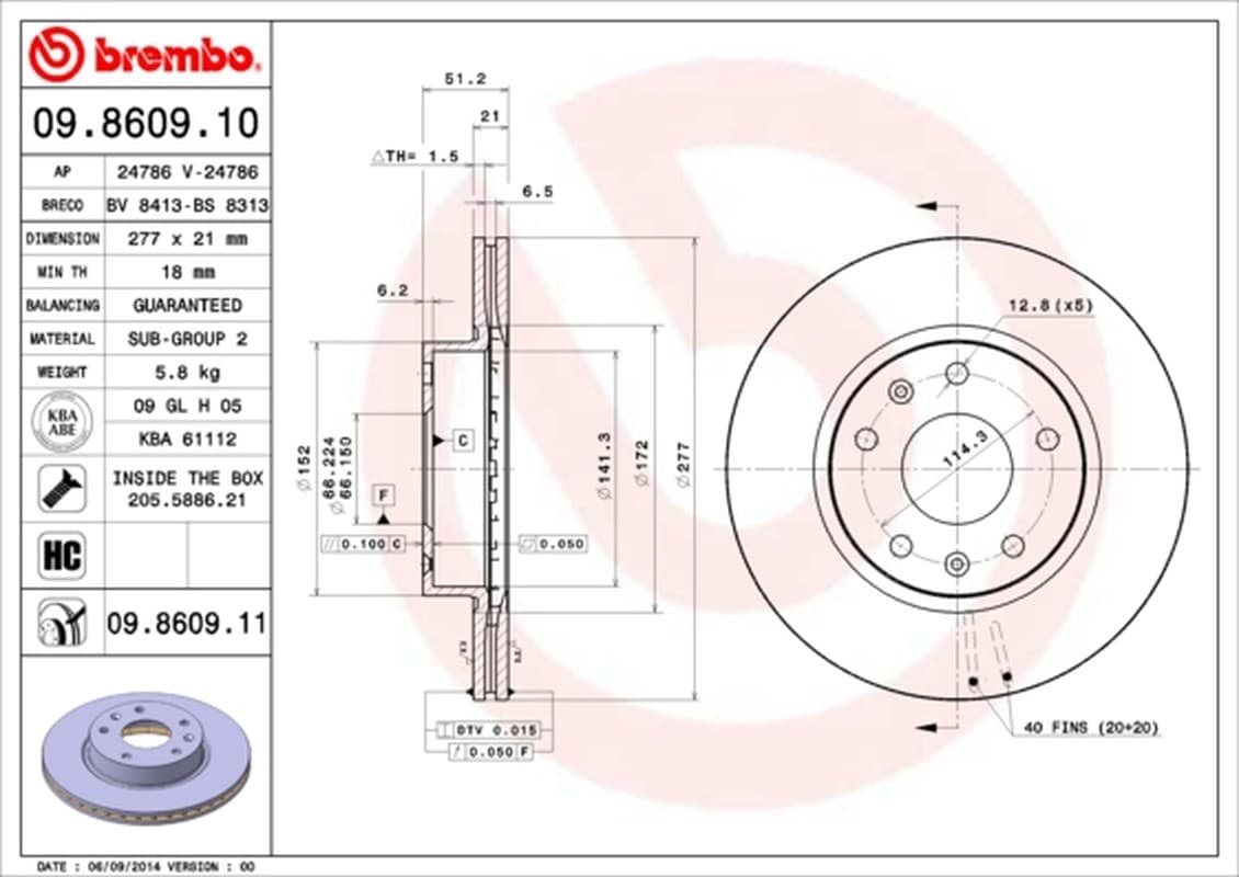 BREMBO disque de frein 09.8609.11 ventilé diamètre 277 épaisseur 21 mm 5 trous