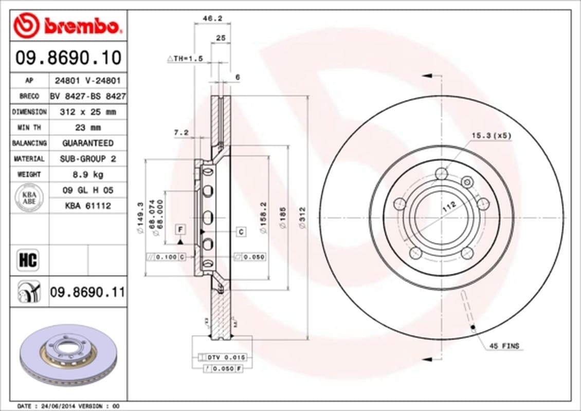 BREMBO Bremsscheibe 09.8690.11 belüftet Durchmesser 312 Stärke 25 mm 5 Bohrungen