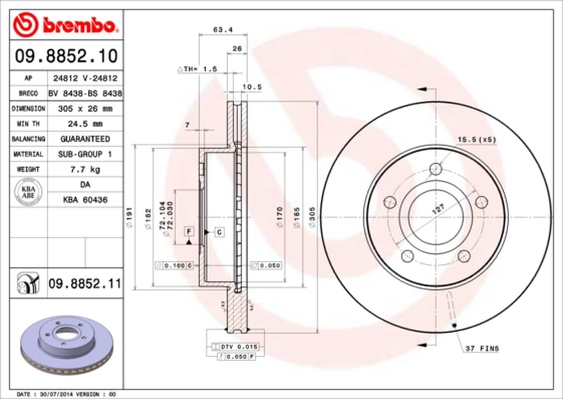 BREMBO disque de frein 09.8852.11 ventilé diamètre 305 épaisseur 26 mm 5 trous