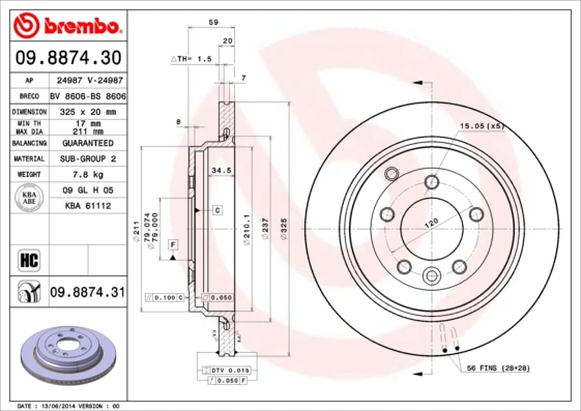 BREMBO disque de frein 09.8874.30 ventilé diamètre 325 épaisseur 20 mm 5 trous