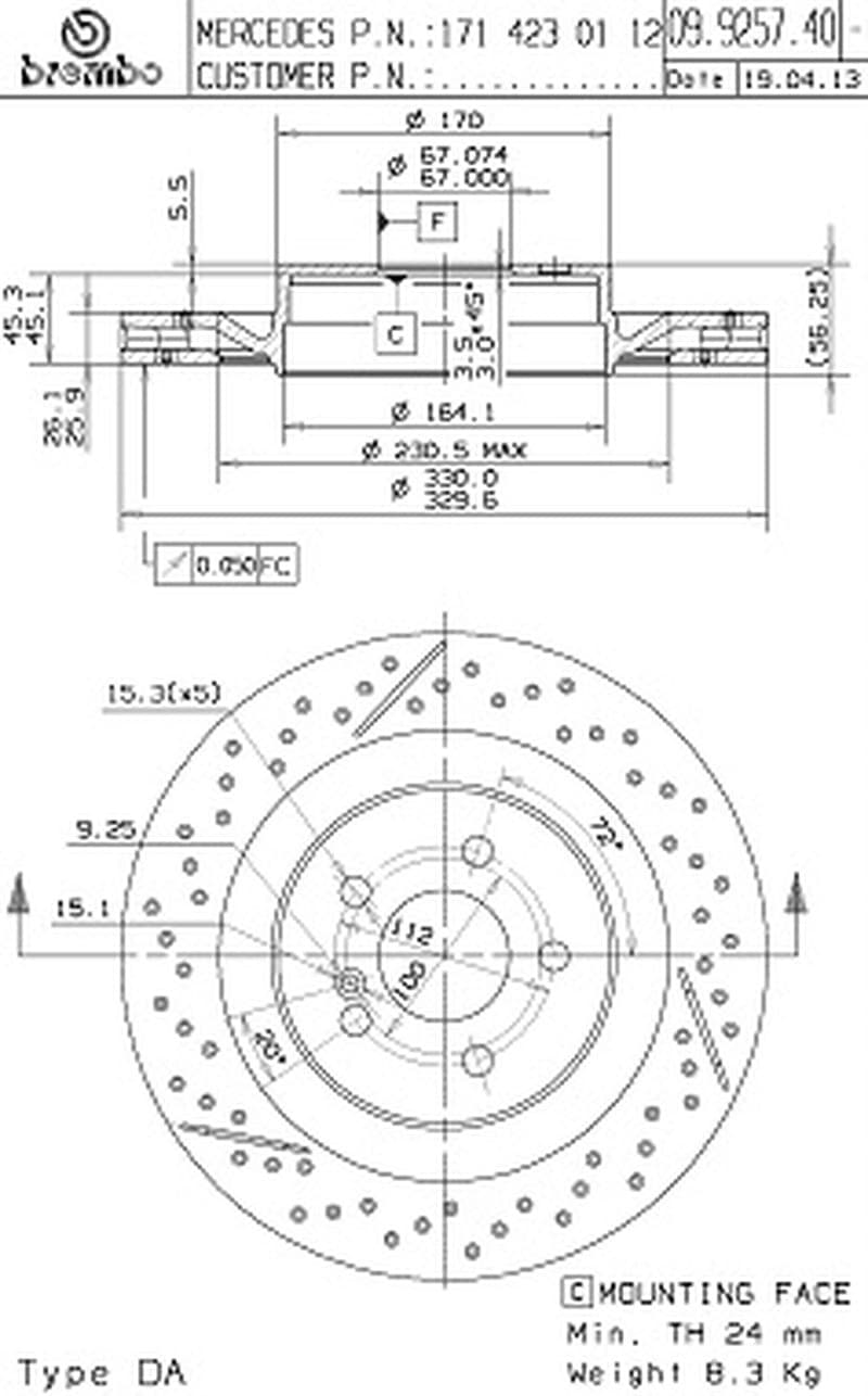 BREMBO Bremsscheibe 09.9257.41 gelocht Durchmesser 330 Stärke 26 mm 5 Bohrungen