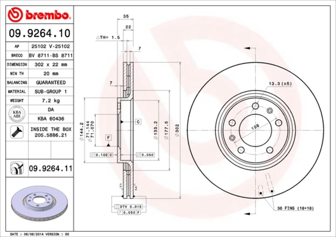 BREMBO disque de frein 09.9264.11 ventilé diamètre 302 épaisseur 22 mm 5 trous