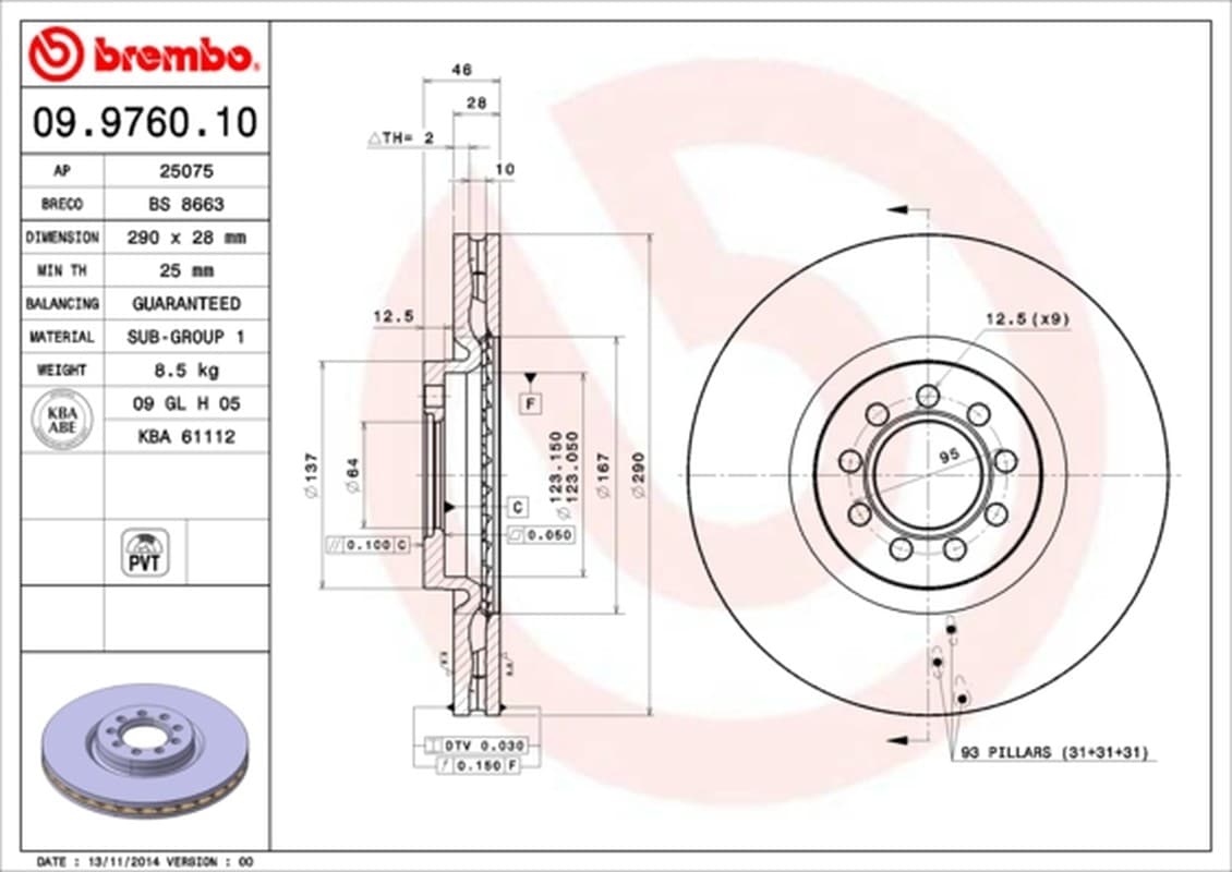 BREMBO Bremsscheibe 09.9760.10 belüftet Durchmesser 290 Stärke 28 mm 9 Bohrungen