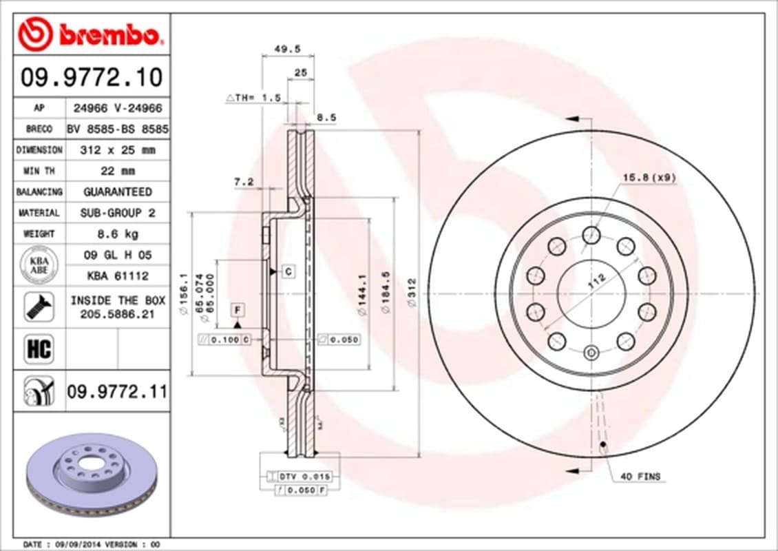 Disco Freno Brembo 09977210 Per Auto Audi, Vw