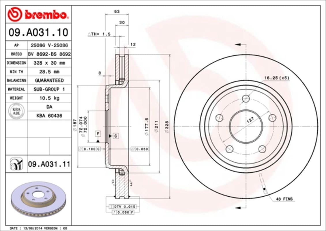 BREMBO disque de frein 09.A031.11 ventilé diamètre 328 épaisseur 30 mm 5 trous
