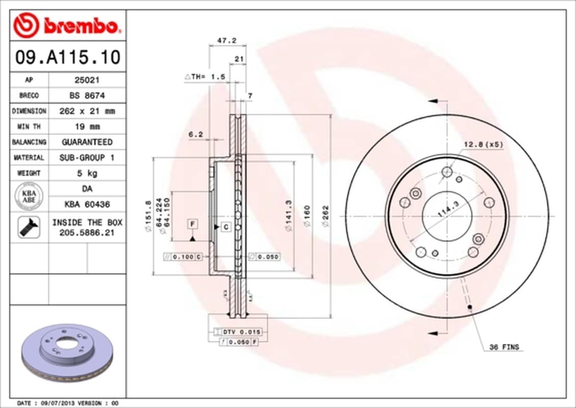 BREMBO disque de frein 09.A115.10 ventilé diamètre 262 épaisseur 21 mm 5 trous