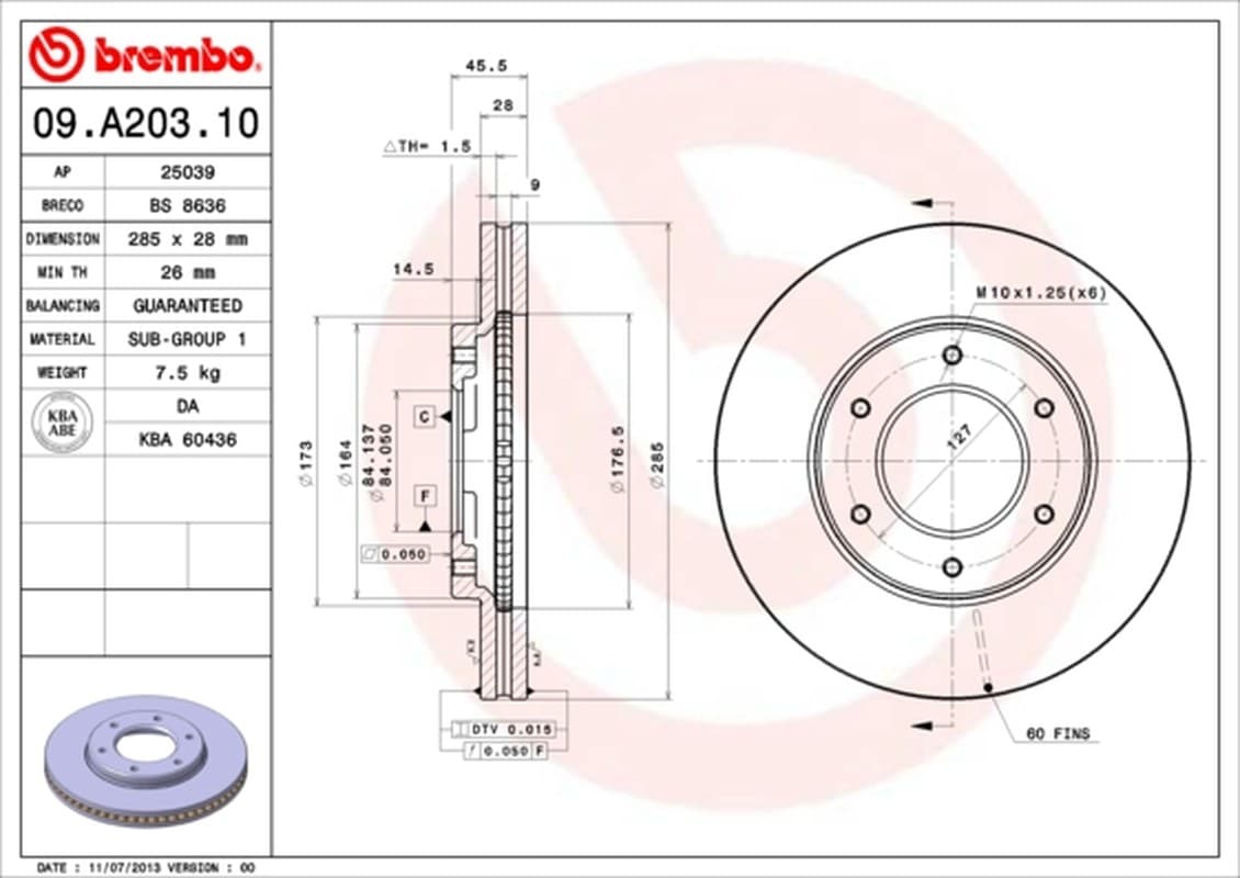 BREMBO disque de frein 09.A203.10 ventilé diamètre 285 épaisseur 28 mm 6 trous